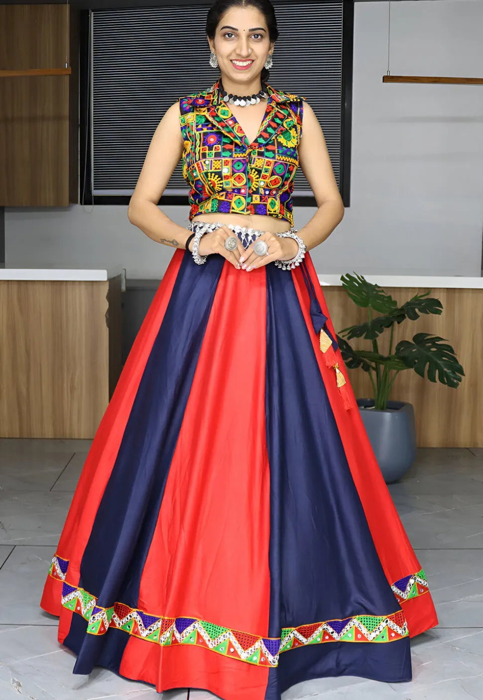 Embroidered Rayon Lehenga in Red and Navy Blue