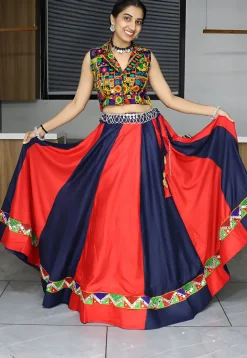 Embroidered Rayon Lehenga in Red and Navy Blue