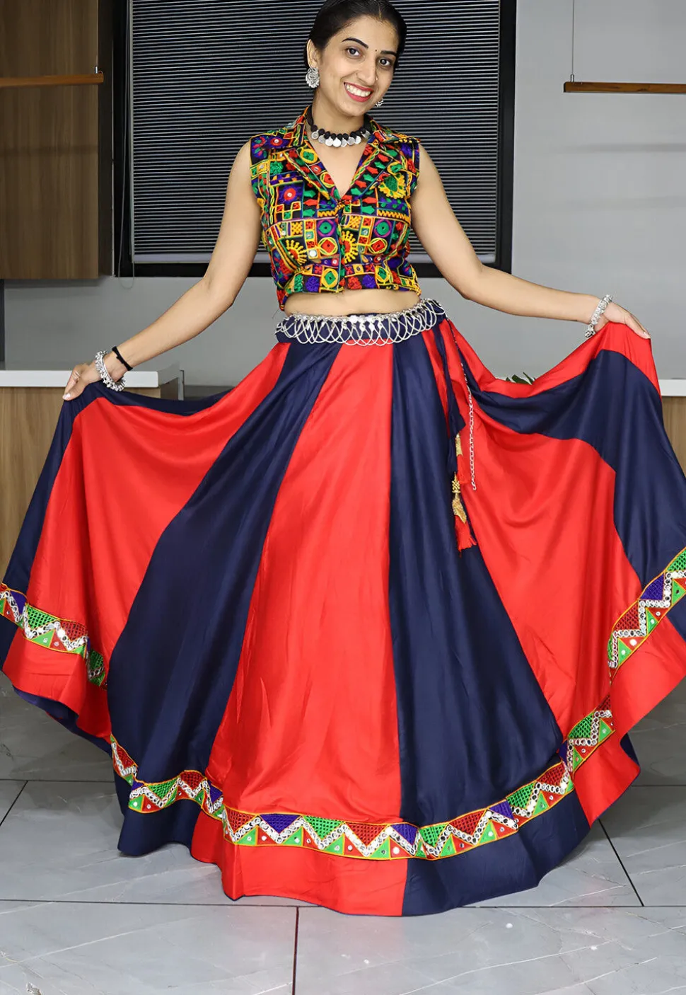 Embroidered Rayon Lehenga in Red and Navy Blue