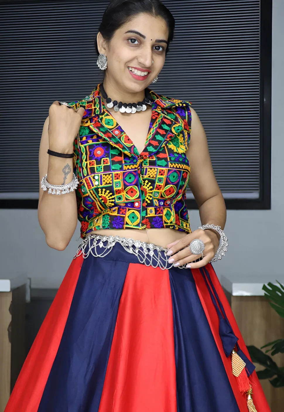 Embroidered Rayon Lehenga in Red and Navy Blue