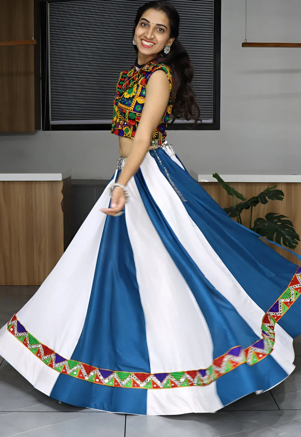 Embroidered Rayon Lehenga in White and Blue