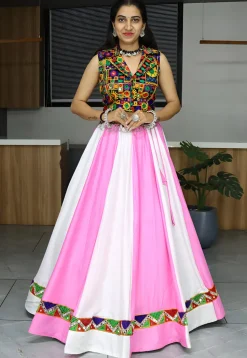 Embroidered Rayon Lehenga in Off White and Pink