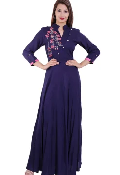 Embroidered Rayon Long Dress in Navy Blue