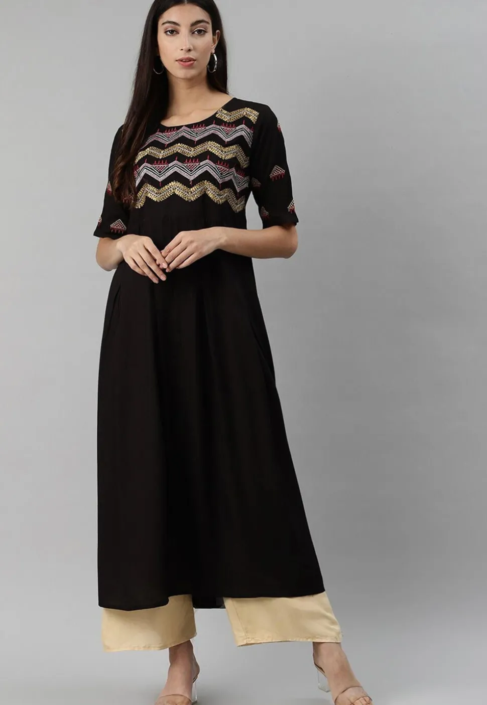 Embroidered Rayon Long Kurta in Black