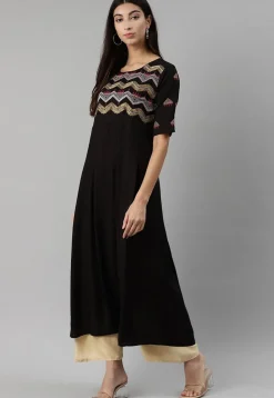 Embroidered Rayon Long Kurta in Black