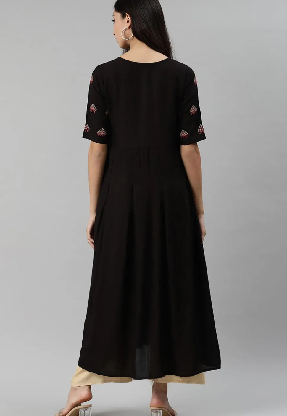 Embroidered Rayon Long Kurta in Black