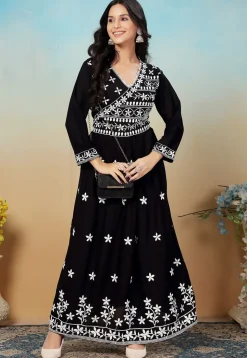 Embroidered Rayon Long Kurta in Black