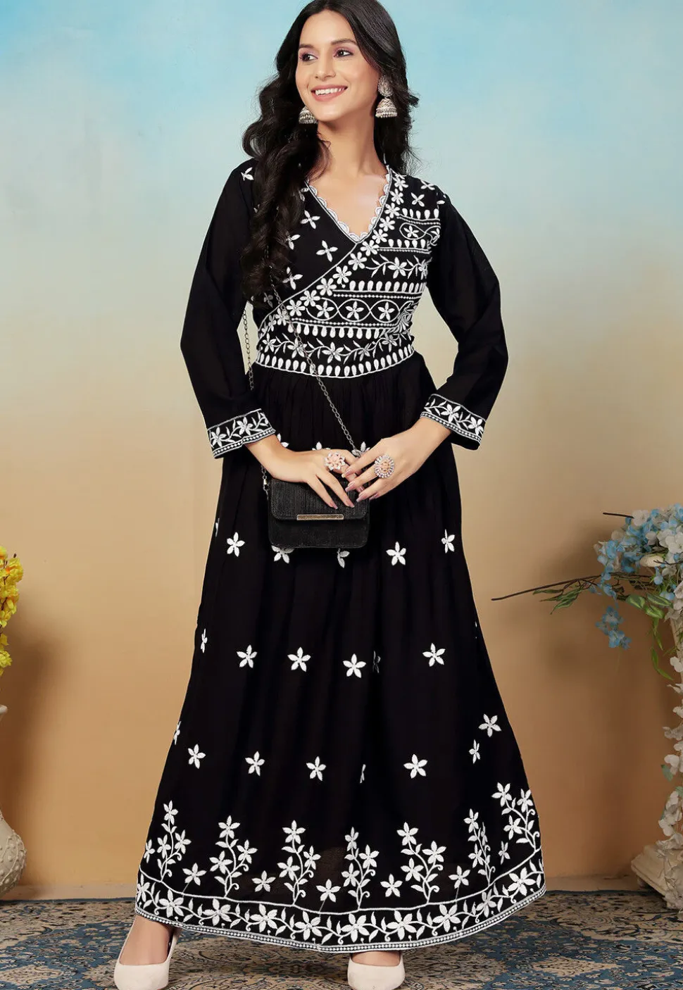 Embroidered Rayon Long Kurta in Black