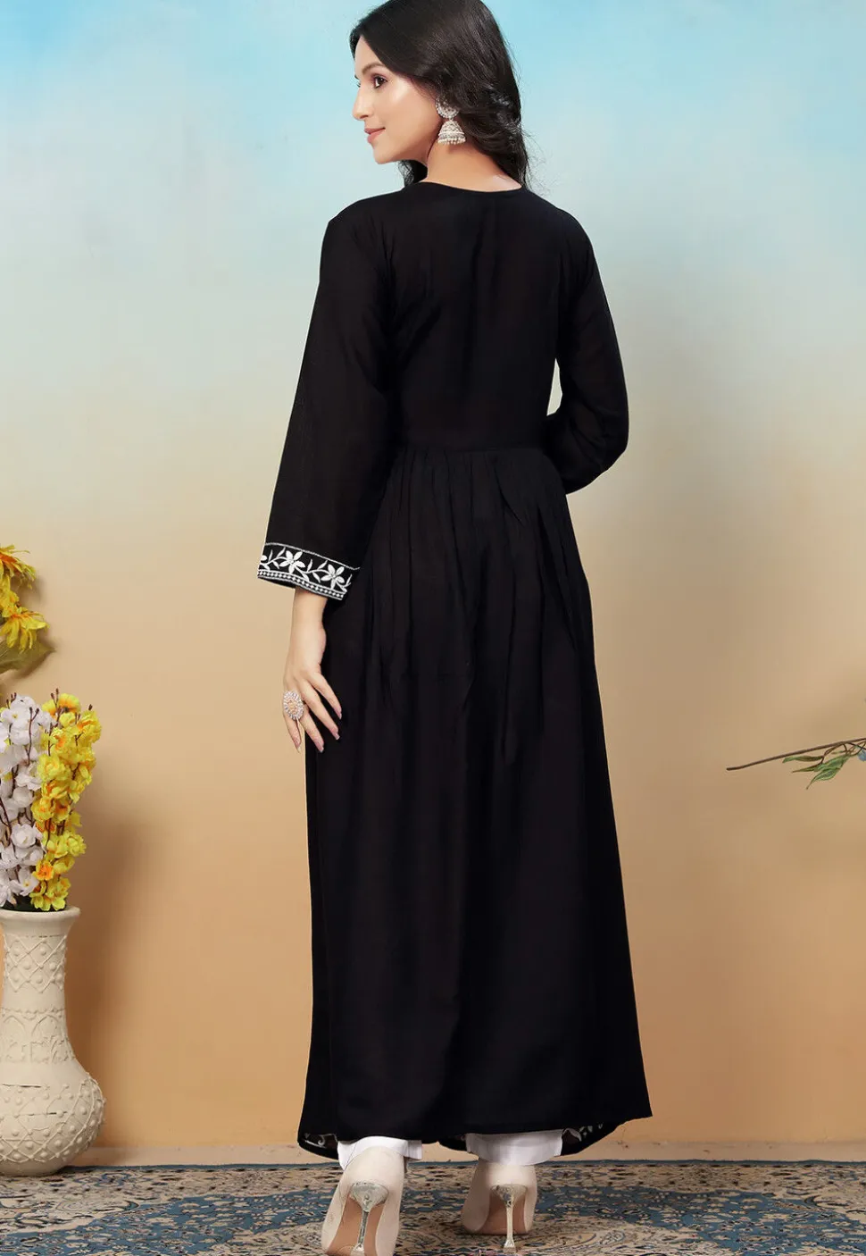 Embroidered Rayon Long Kurta in Black
