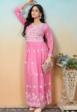Embroidered Rayon Long Kurta in Pink