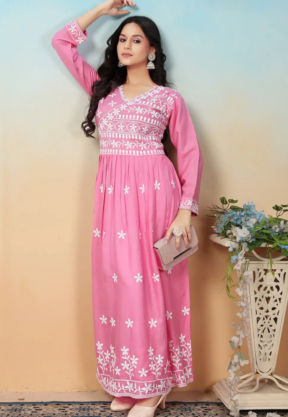 Embroidered Rayon Long Kurta in Pink
