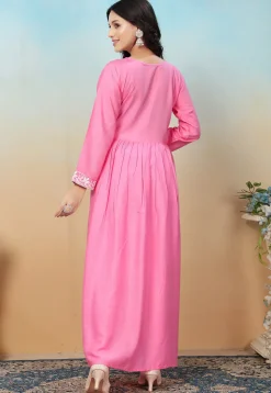 Embroidered Rayon Long Kurta in Pink