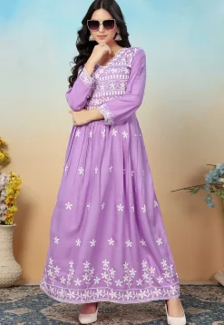 Embroidered Rayon Long Kurta in Purple