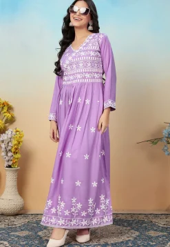 Embroidered Rayon Long Kurta in Purple