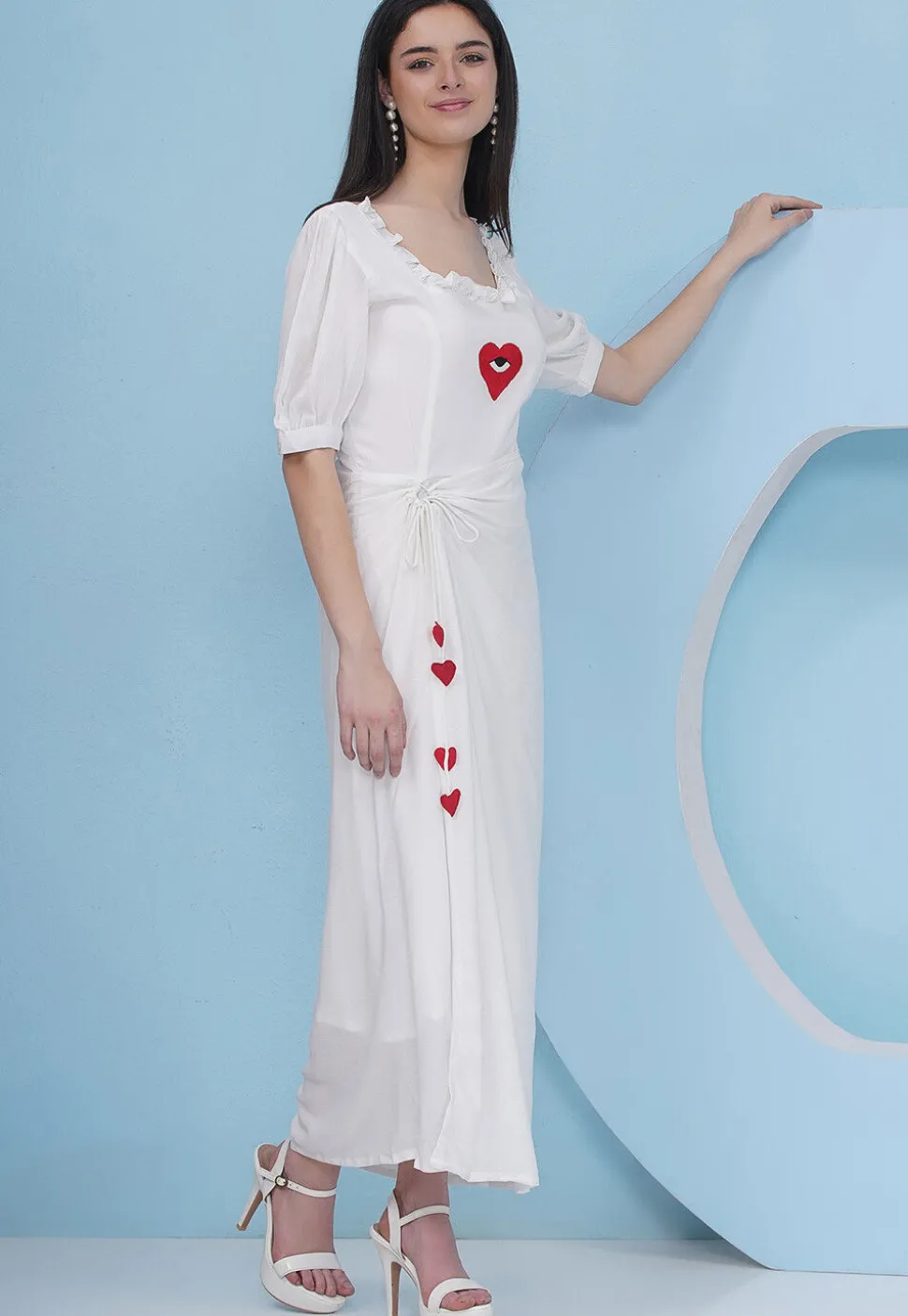 Embroidered Rayon Maxi Dress in Off White