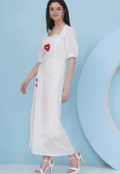 Embroidered Rayon Maxi Dress in Off White