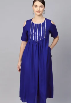 Embroidered Rayon Midi Dress in Royal Blue