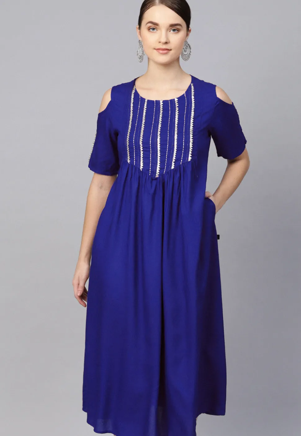 Embroidered Rayon Midi Dress in Royal Blue