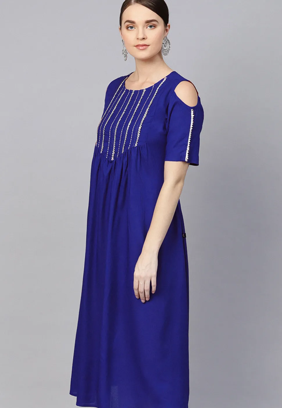 Embroidered Rayon Midi Dress in Royal Blue