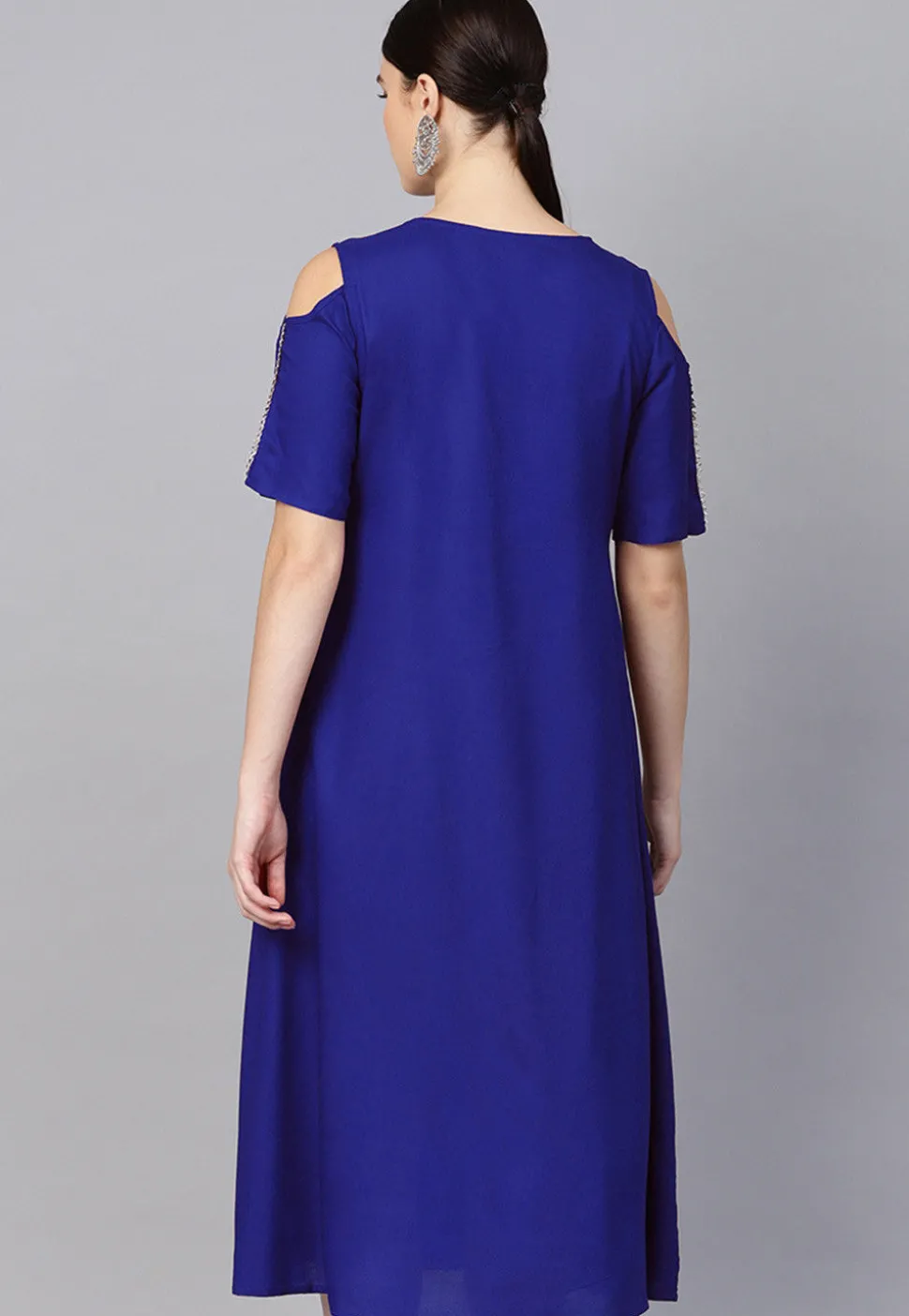 Embroidered Rayon Midi Dress in Royal Blue