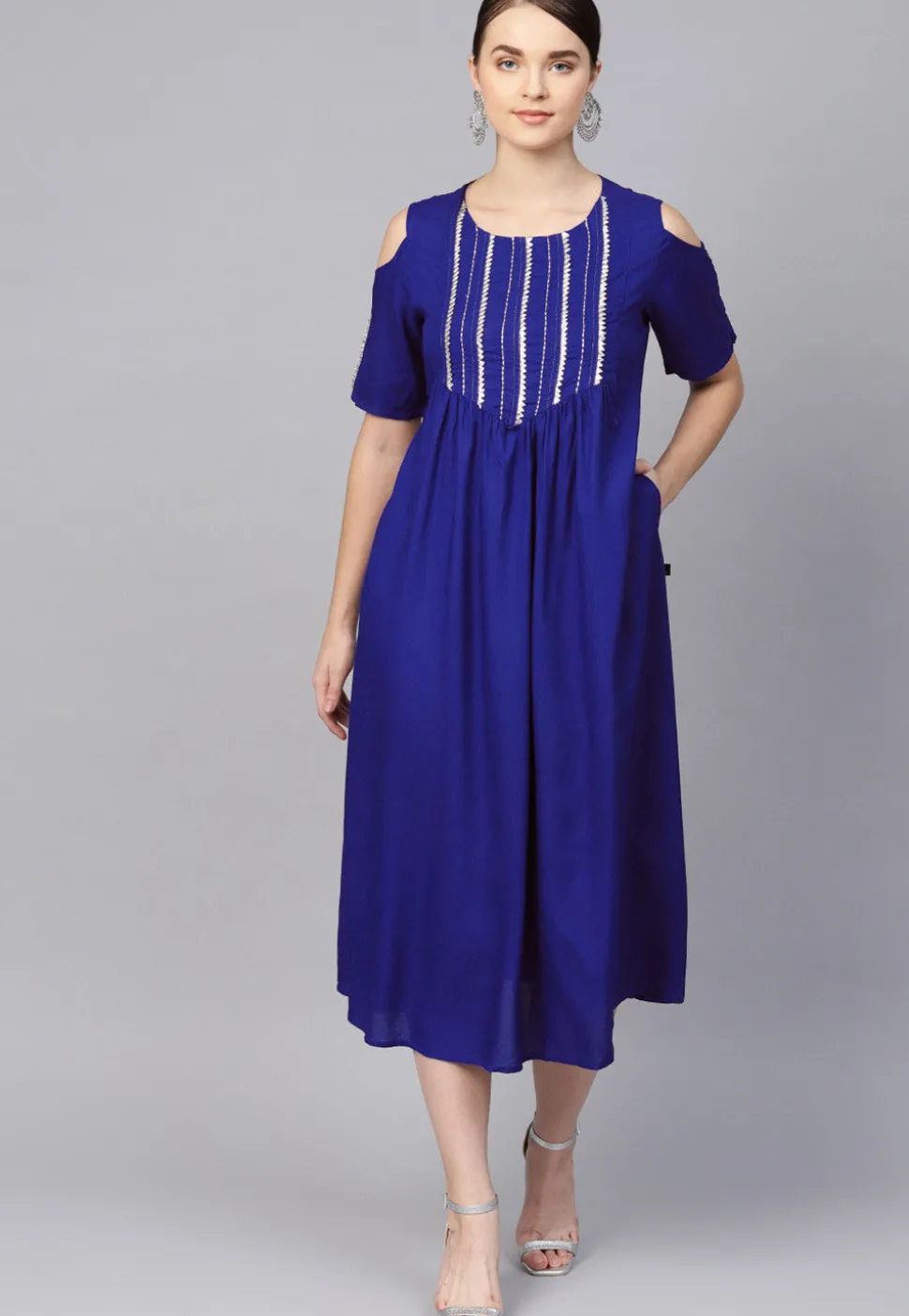 Embroidered Rayon Midi Dress in Royal Blue