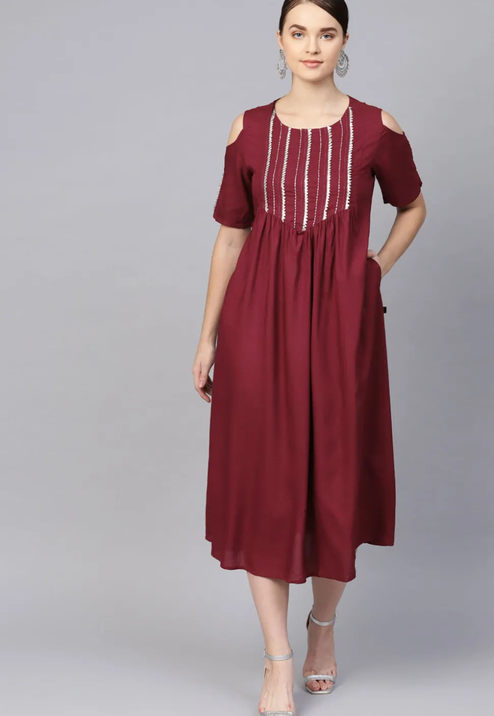 Embroidered Rayon Midi Dress in Maroon