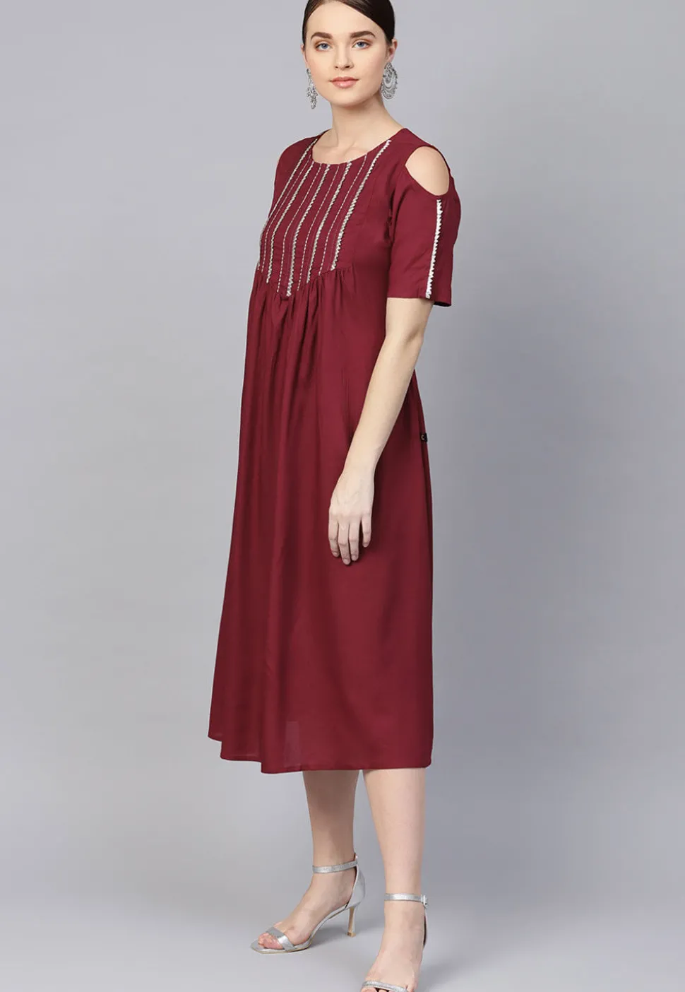 Embroidered Rayon Midi Dress in Maroon