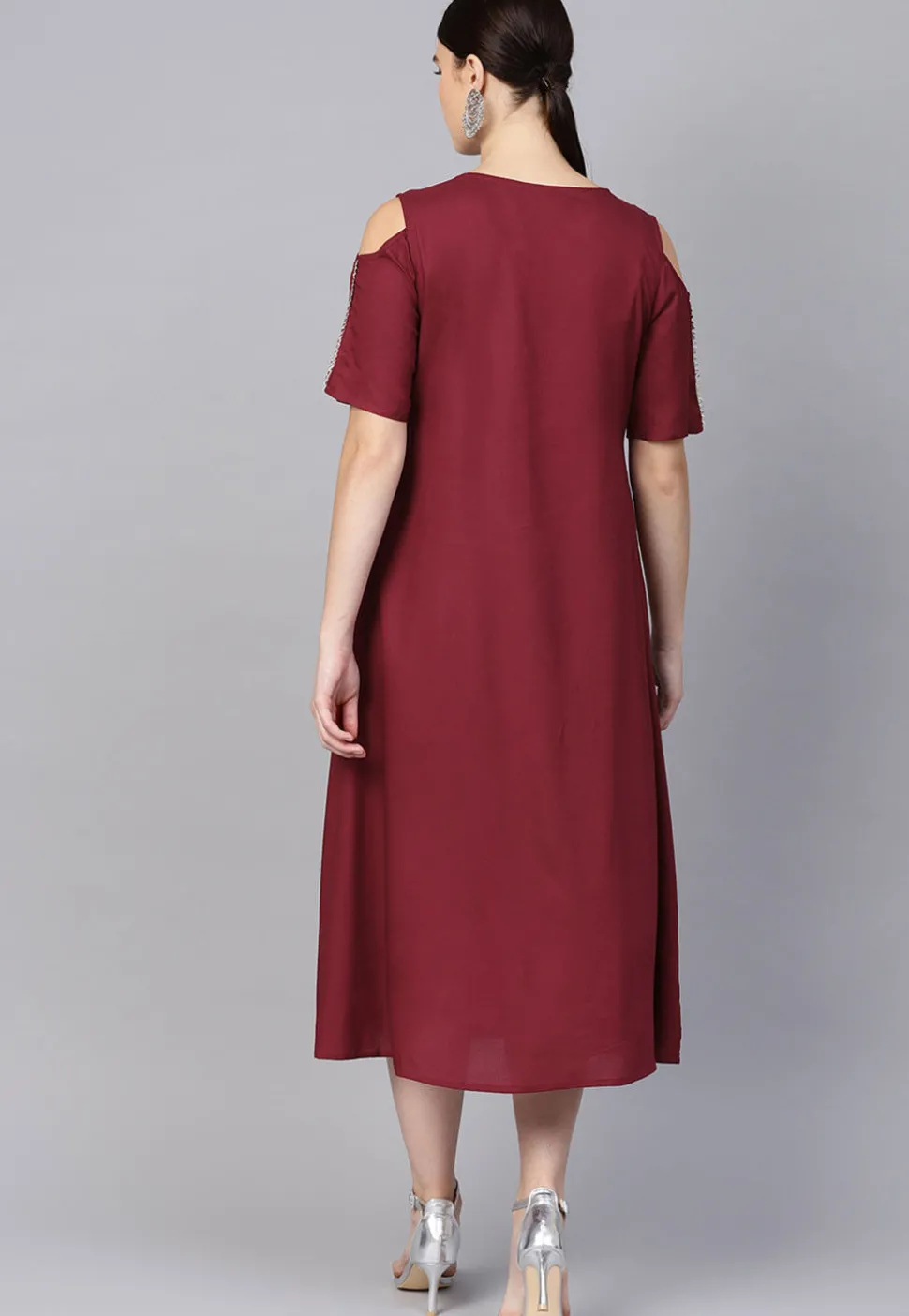 Embroidered Rayon Midi Dress in Maroon
