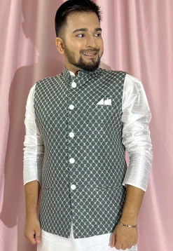 Embroidered Rayon Nehru Jacket in Green