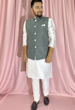 Embroidered Rayon Nehru Jacket in Green
