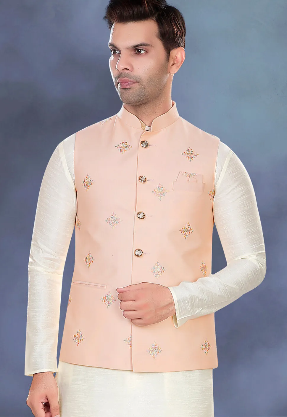 Embroidered Rayon Nehru Jacket in Peach