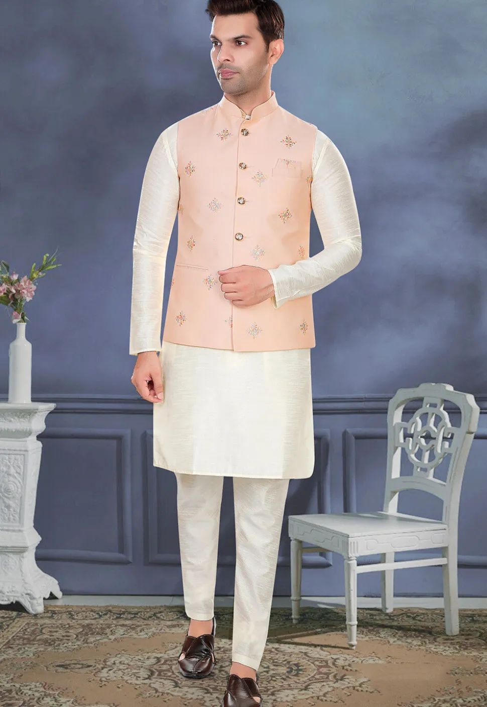 Embroidered Rayon Nehru Jacket in Peach