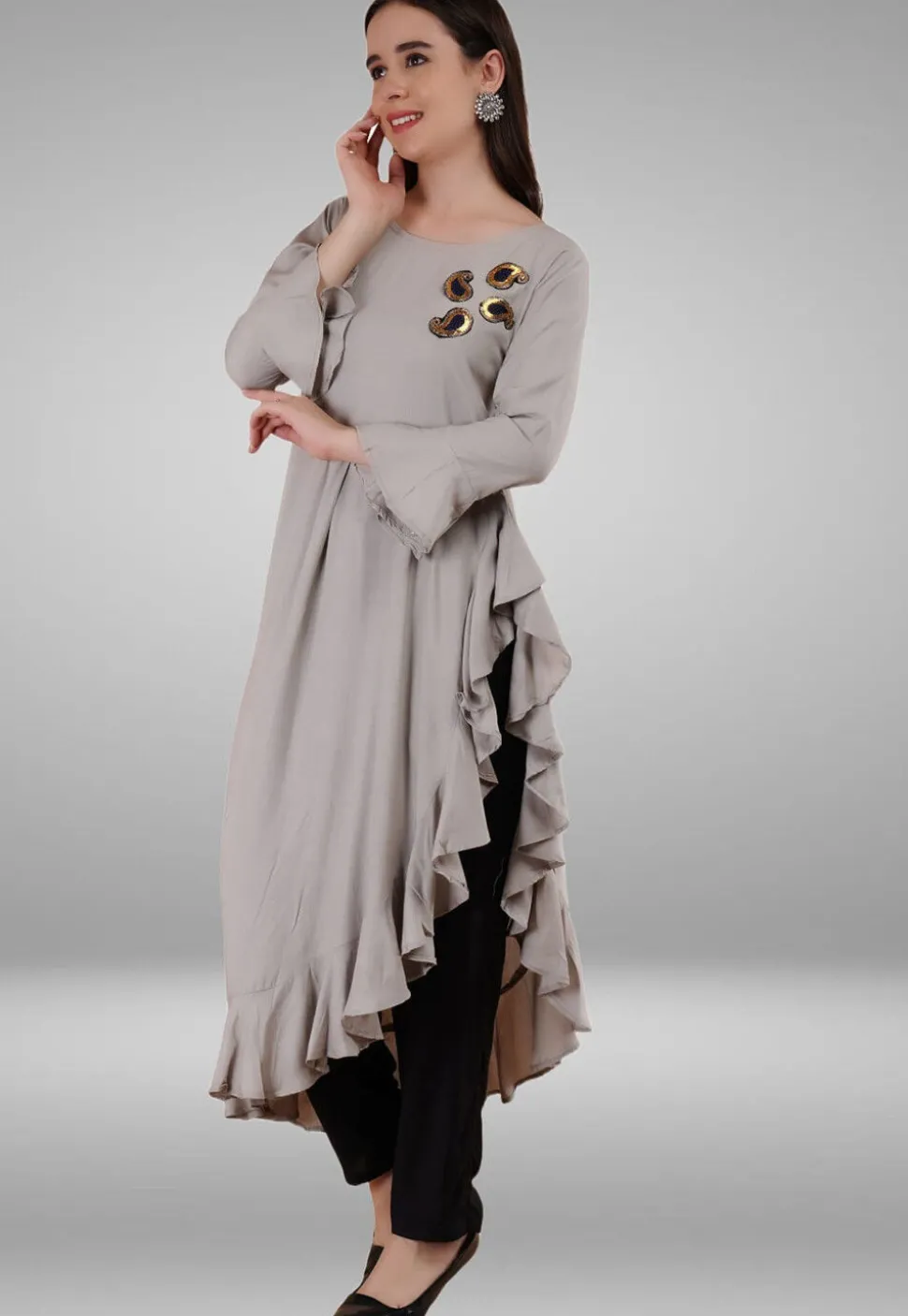 Embroidered Rayon Pakistani Suit in Grey