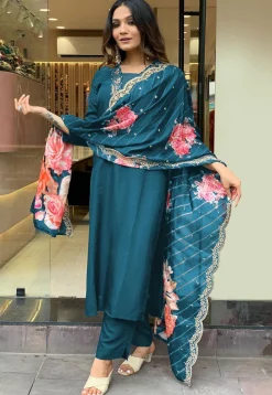 Embroidered Rayon Pakistani Suit in Teal Blue