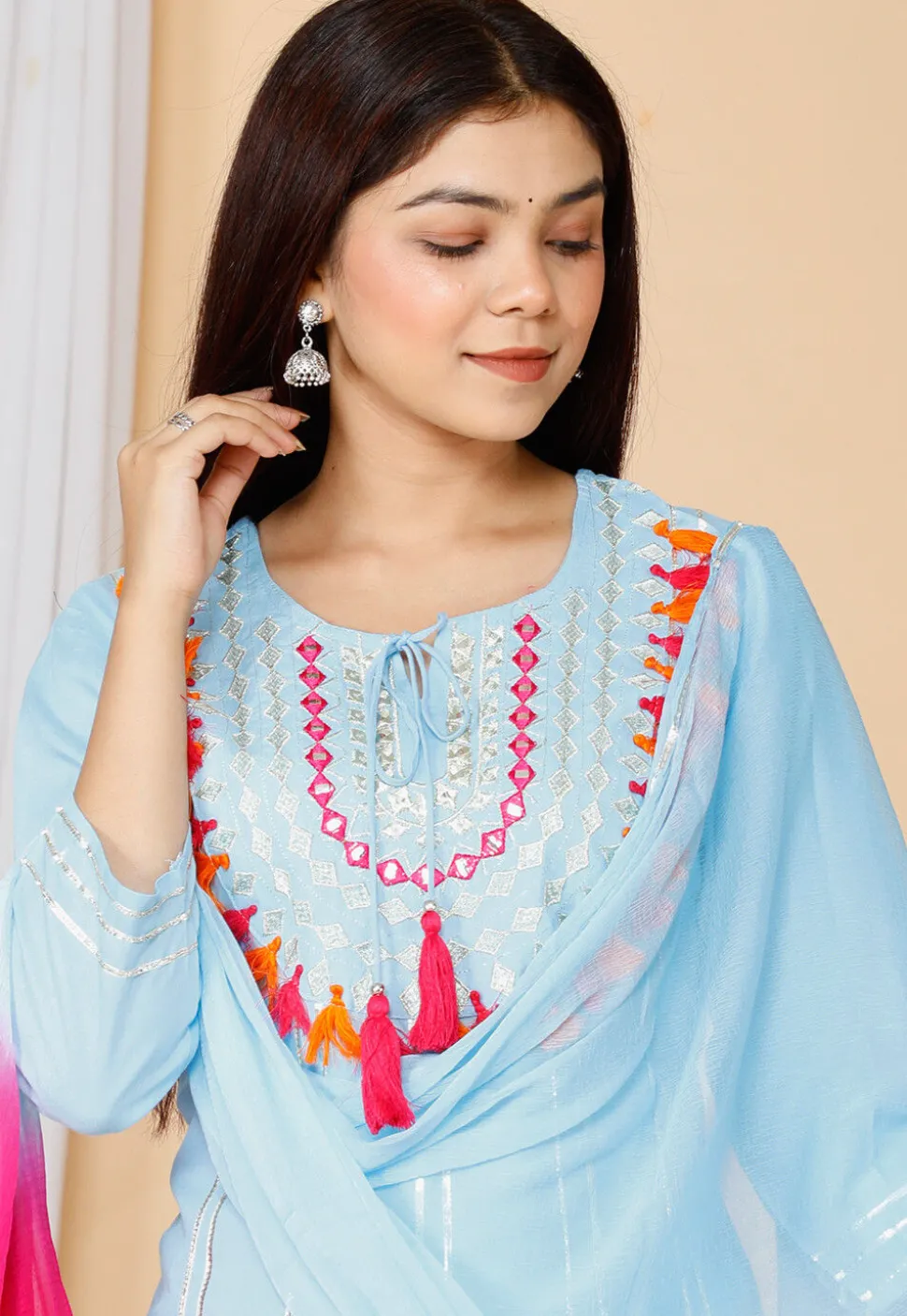 Embroidered Rayon Pakistani Suit in Sky Blue