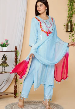 Embroidered Rayon Pakistani Suit in Sky Blue