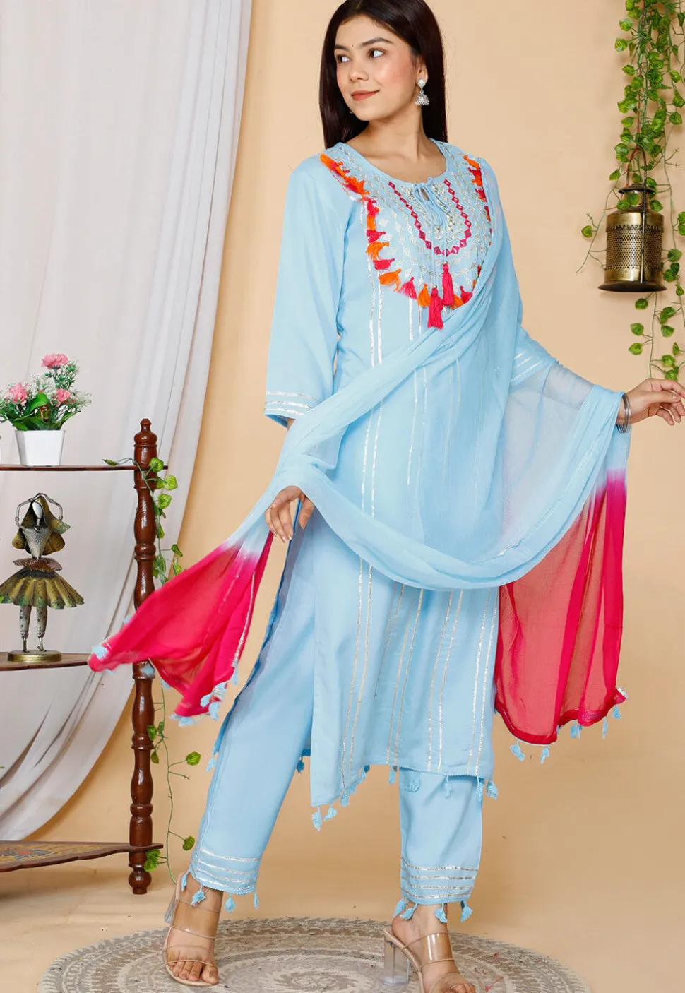 Embroidered Rayon Pakistani Suit in Sky Blue