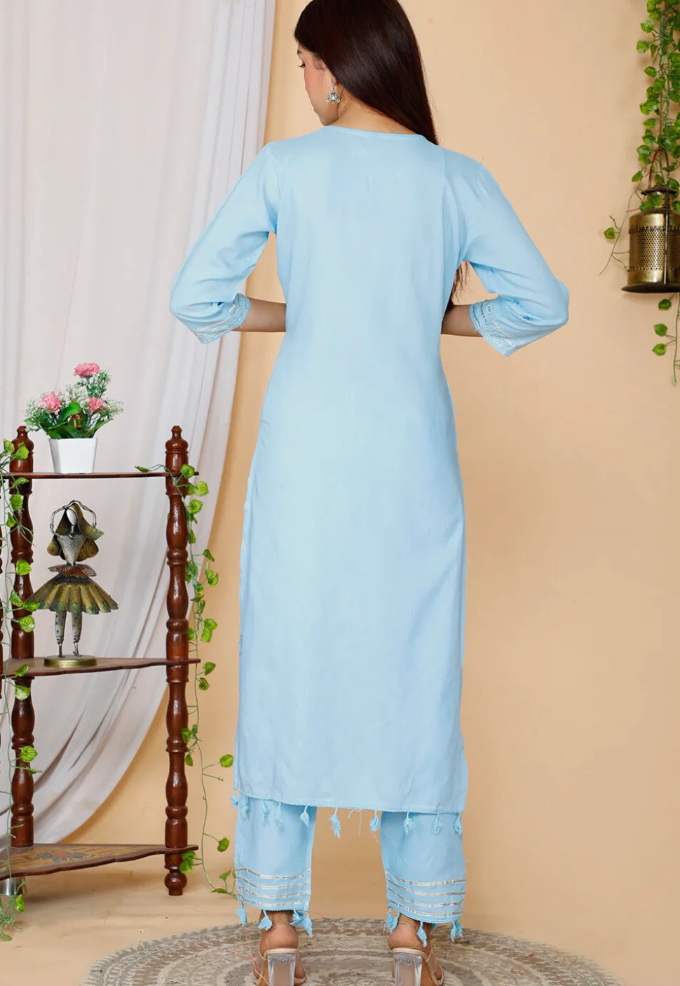Embroidered Rayon Pakistani Suit in Sky Blue