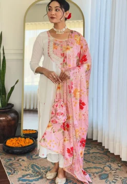 Embroidered Rayon Pakistani Suit in Off White