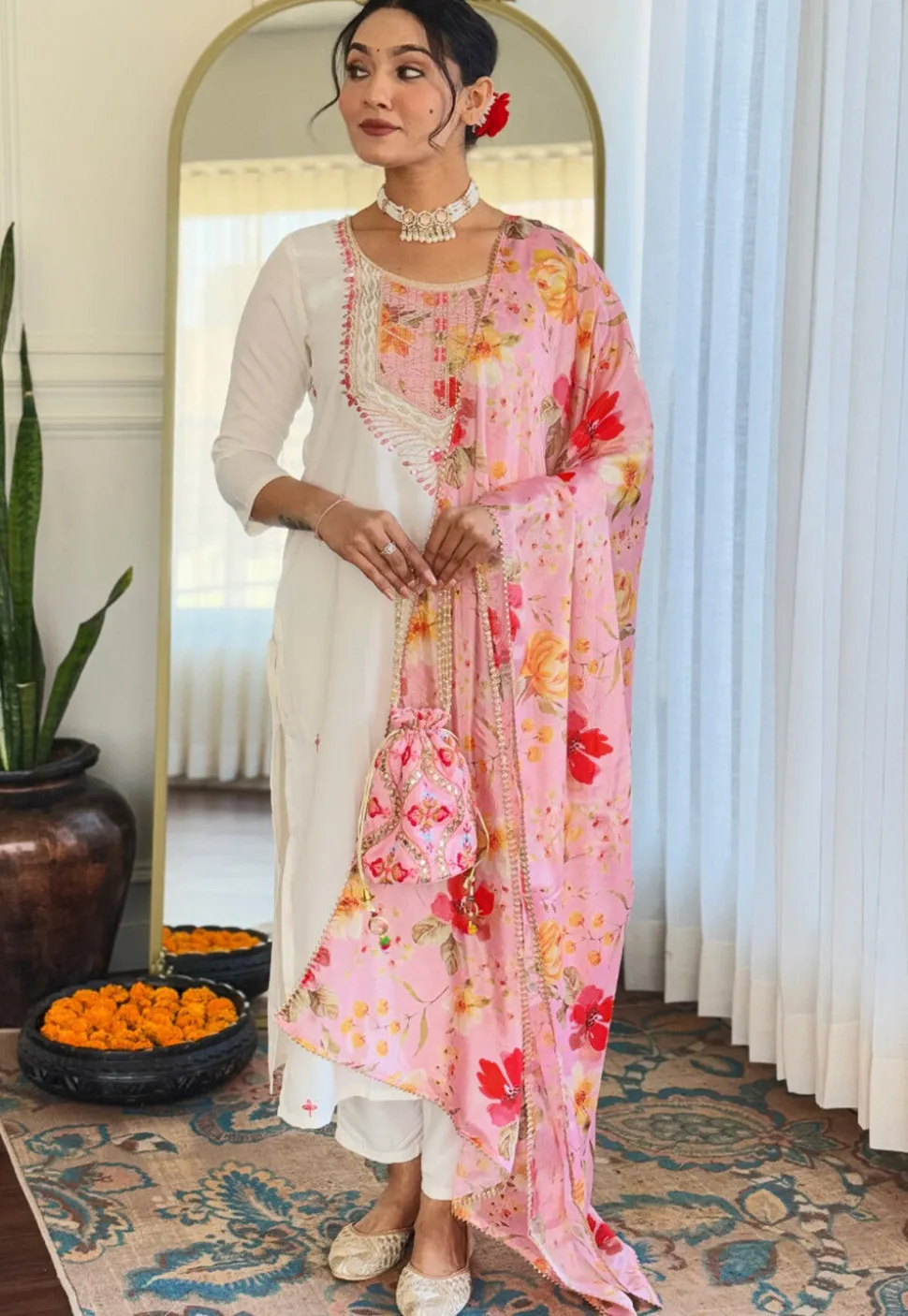 Embroidered Rayon Pakistani Suit in Off White
