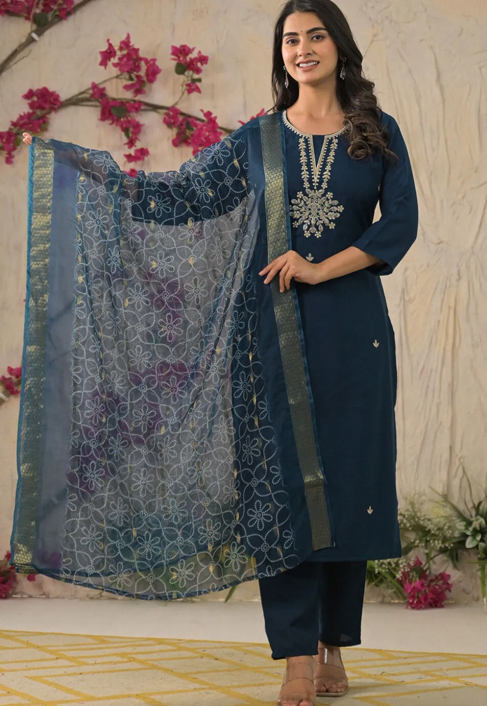 Embroidered Rayon Pakistani Suit in Teal Blue