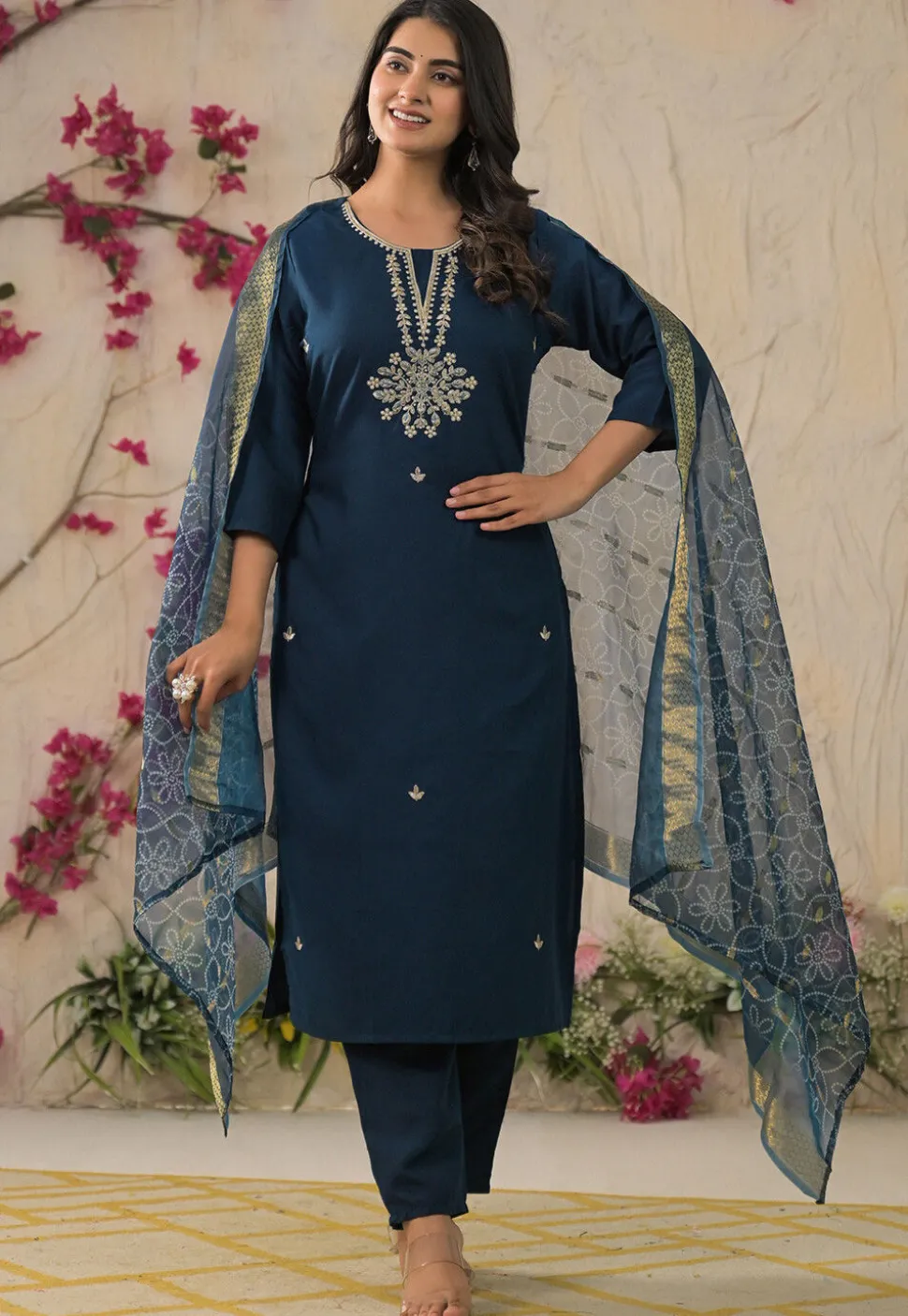 Embroidered Rayon Pakistani Suit in Teal Blue
