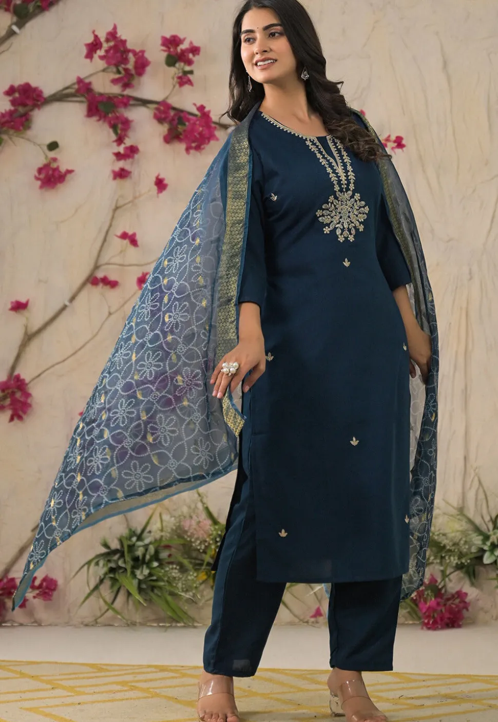 Embroidered Rayon Pakistani Suit in Teal Blue