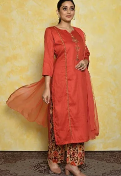 Embroidered Rayon Pakistani Suit in Orange