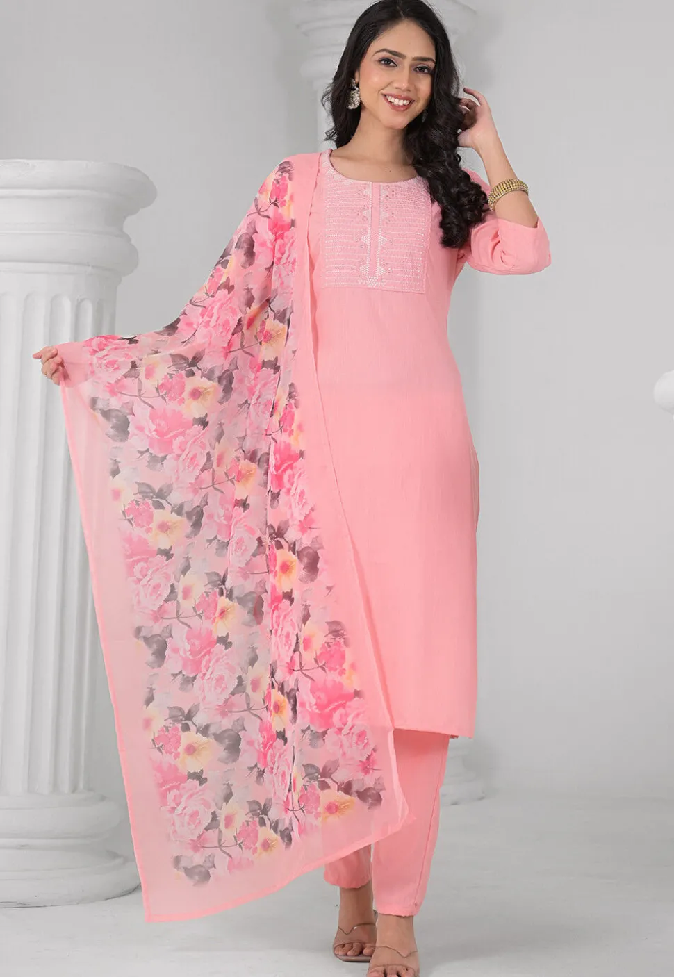 Embroidered Rayon Pakistani Suit in Peach
