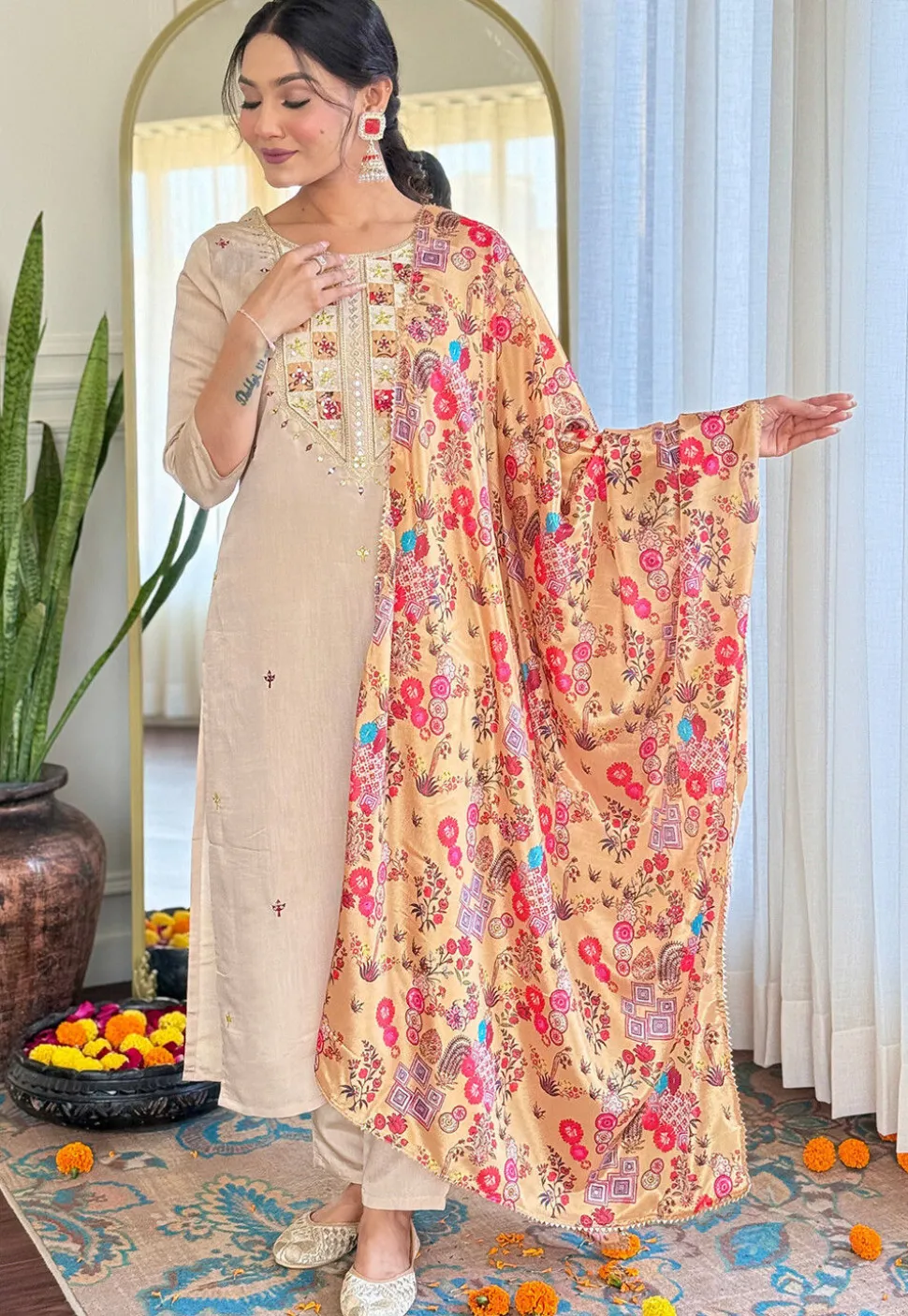 Embroidered Rayon Pakistani Suit in Beige