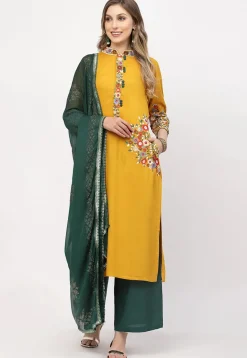 Embroidered Rayon Pakistani Suit in Mustard