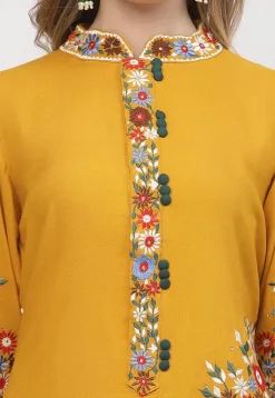 Embroidered Rayon Pakistani Suit in Mustard