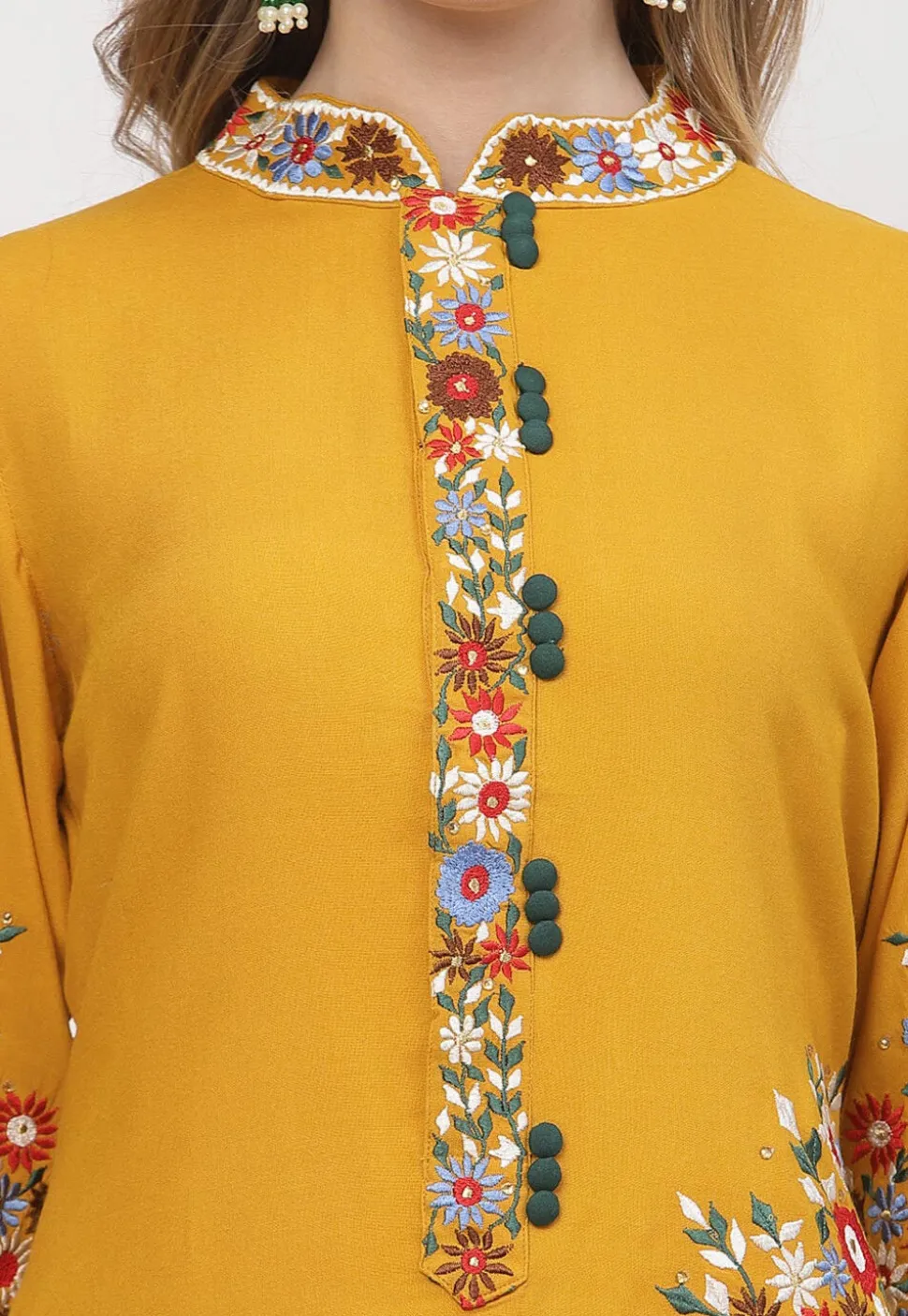 Embroidered Rayon Pakistani Suit in Mustard