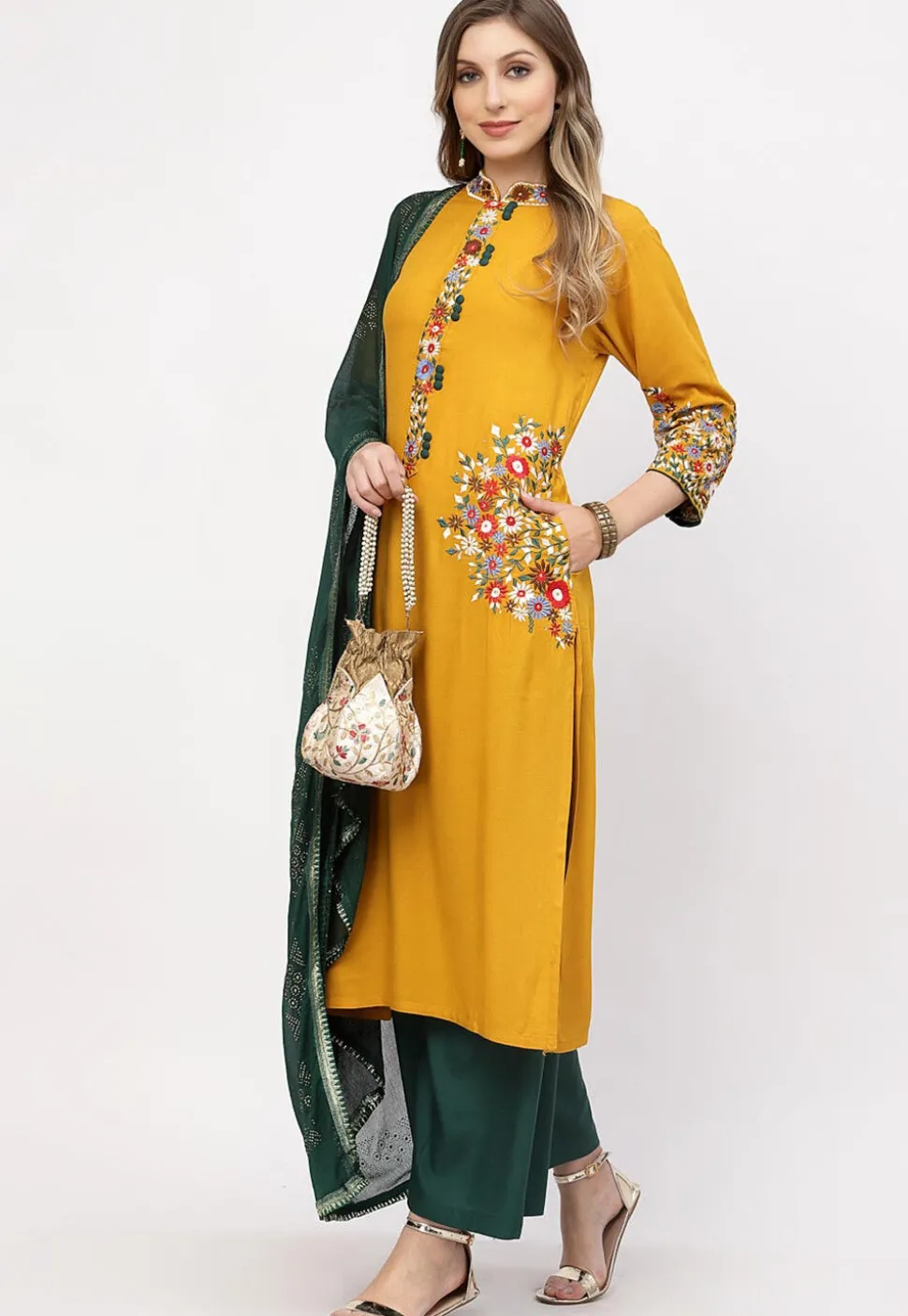 Embroidered Rayon Pakistani Suit in Mustard